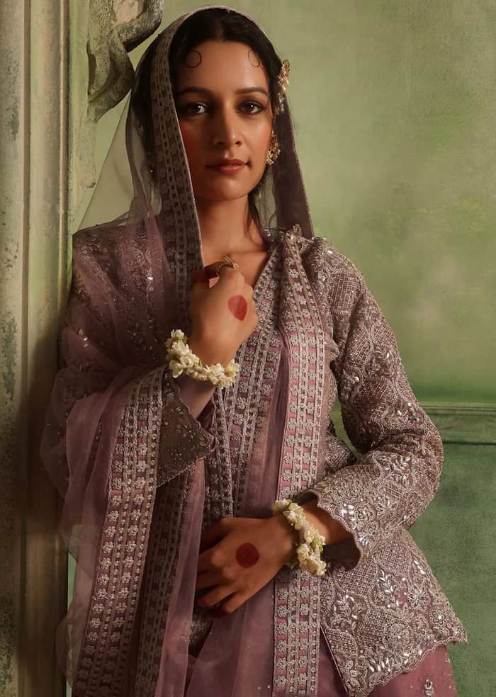 Rose Tan Pink Embroidered Sharara Suit In Net