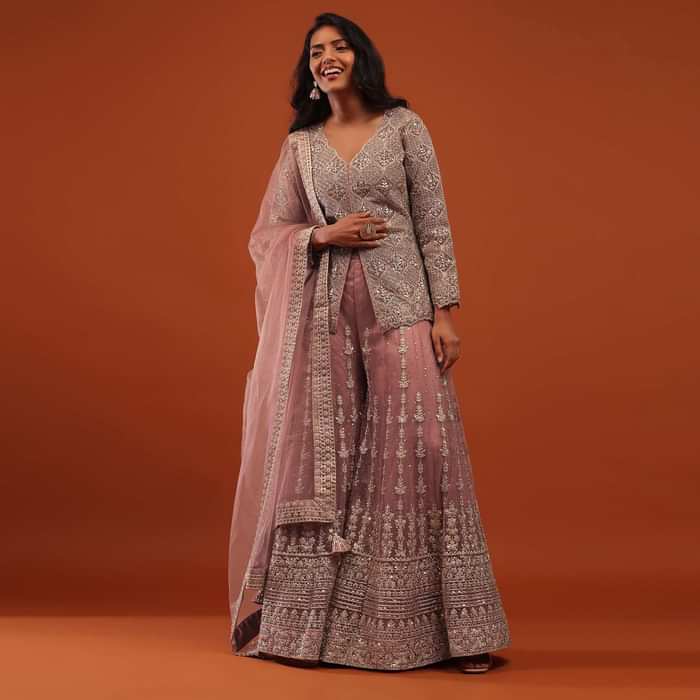 Rose Tan Pink Embroidered Sharara Suit In Net