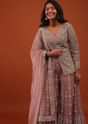 Rose Tan Pink Embroidered Sharara Suit In Net