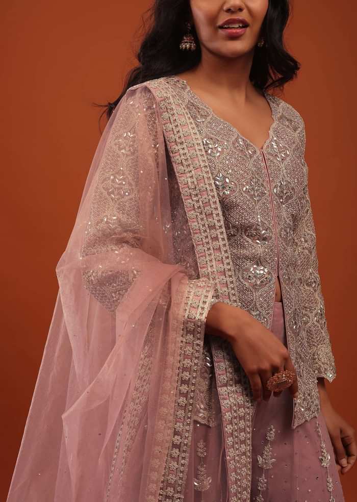 Rose Tan Pink Embroidered Sharara Suit In Net