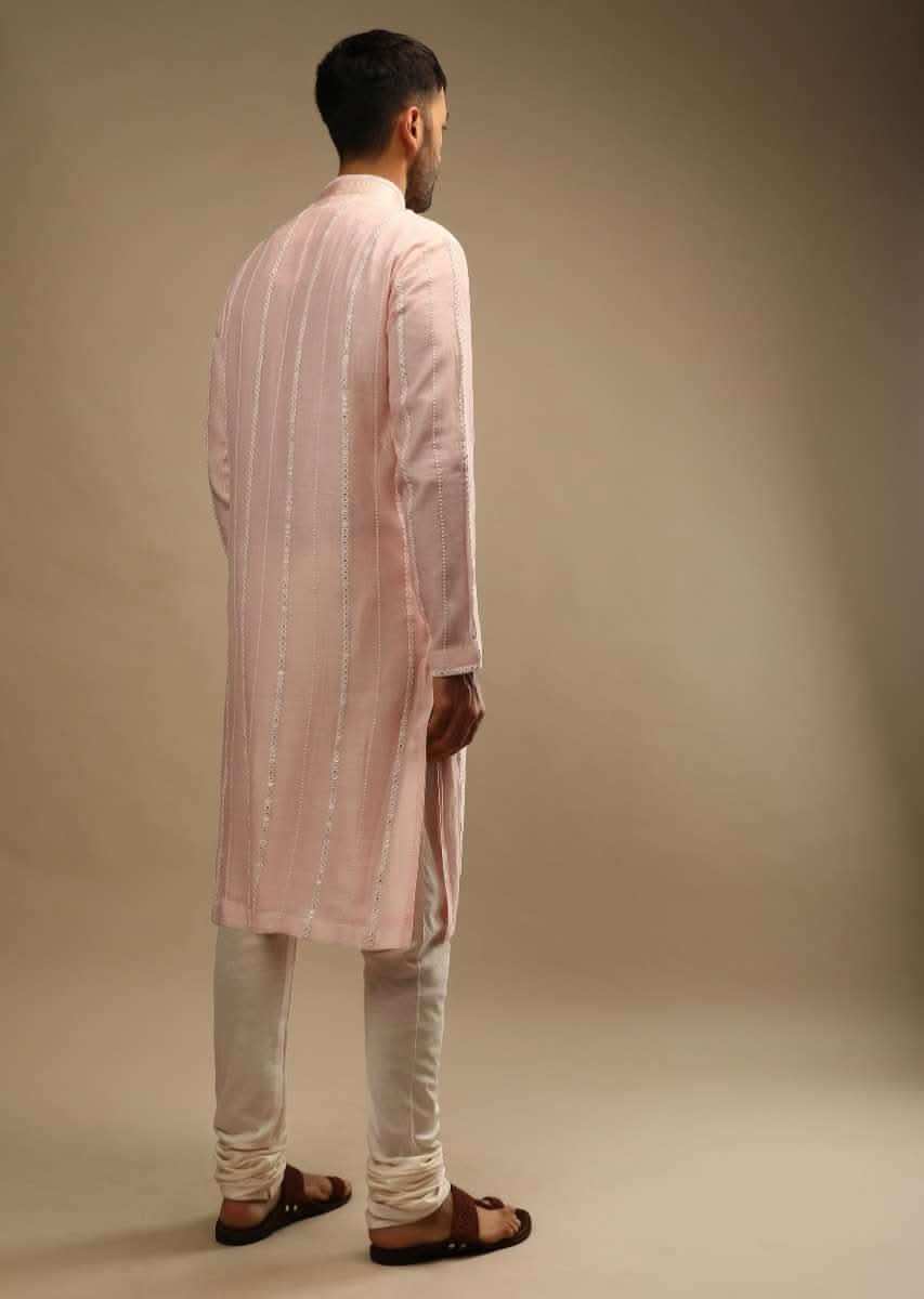 Rosewater Pink Kurta Set In Chanderi Silk With Lucknowi Thread And Abla Embroidered Striped Design