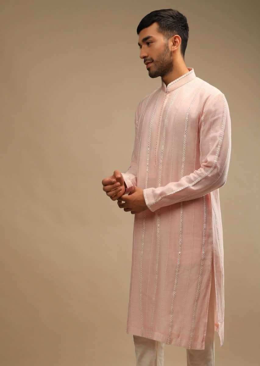 Rosewater Pink Kurta Set In Chanderi Silk With Lucknowi Thread And Abla Embroidered Striped Design