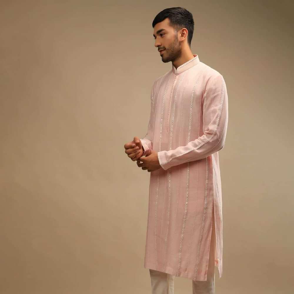 Rosewater Pink Kurta Set In Chanderi Silk With Lucknowi Thread And Abla Embroidered Striped Design
