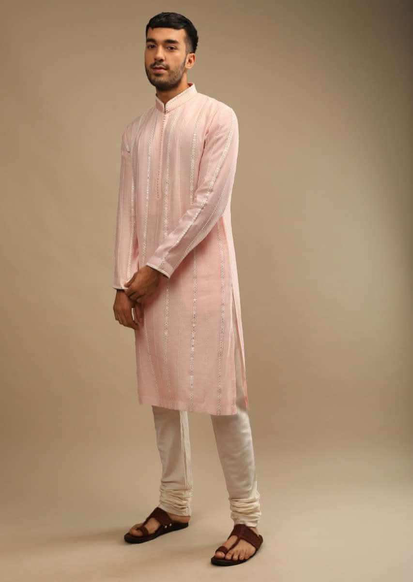Rosewater Pink Kurta Set In Chanderi Silk With Lucknowi Thread And Abla Embroidered Striped Design