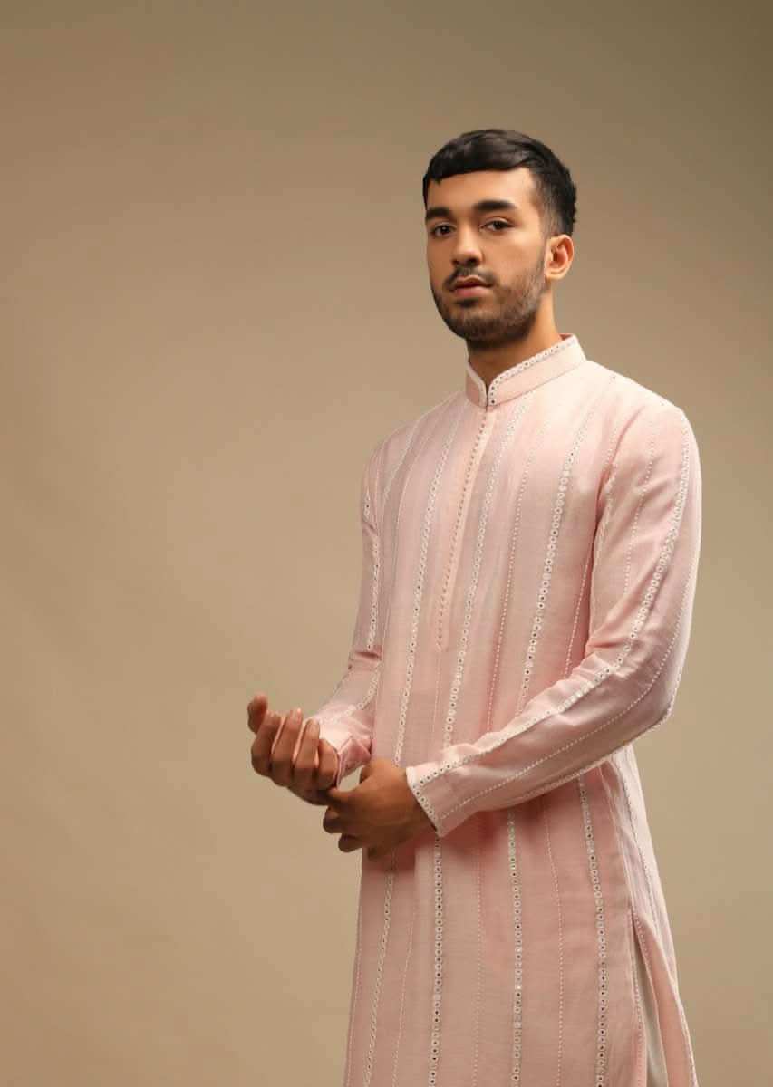 Rosewater Pink Kurta Set In Chanderi Silk With Lucknowi Thread And Abla Embroidered Striped Design
