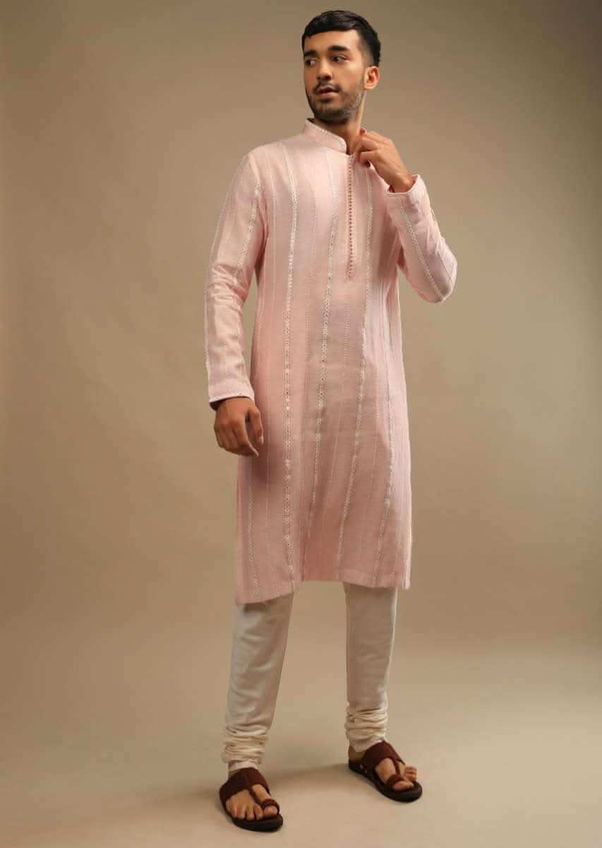 Rosewater Pink Kurta Set In Chanderi Silk With Lucknowi Thread And Abla Embroidered Striped Design