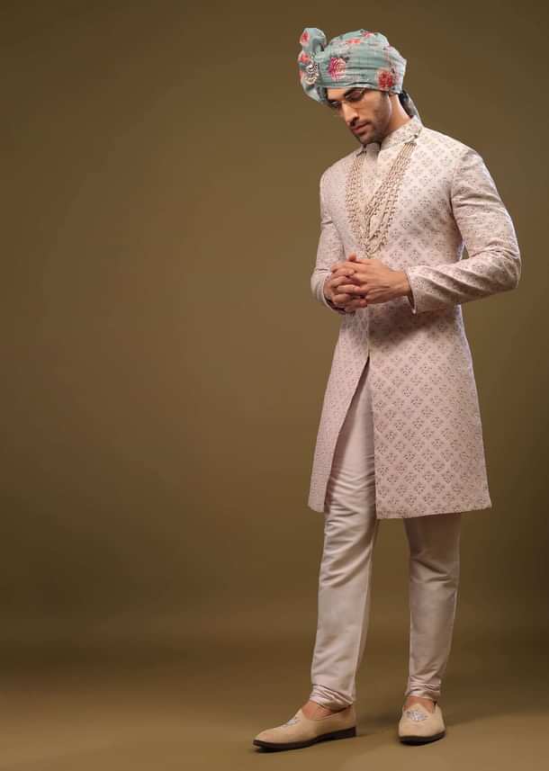 Onion Pink Lucknowi Sherwani Set With Zari And Stonework