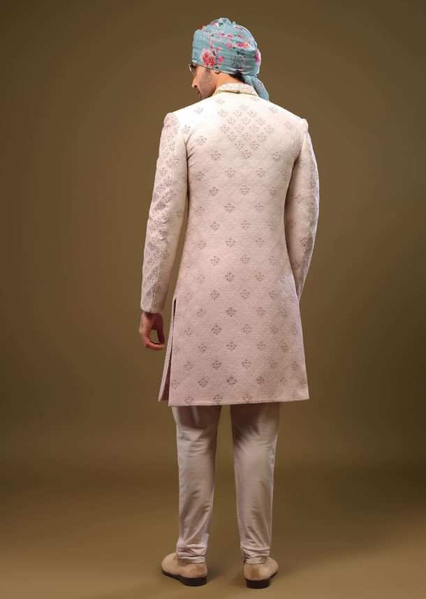 Onion Pink Lucknowi Sherwani Set With Zari And Stonework