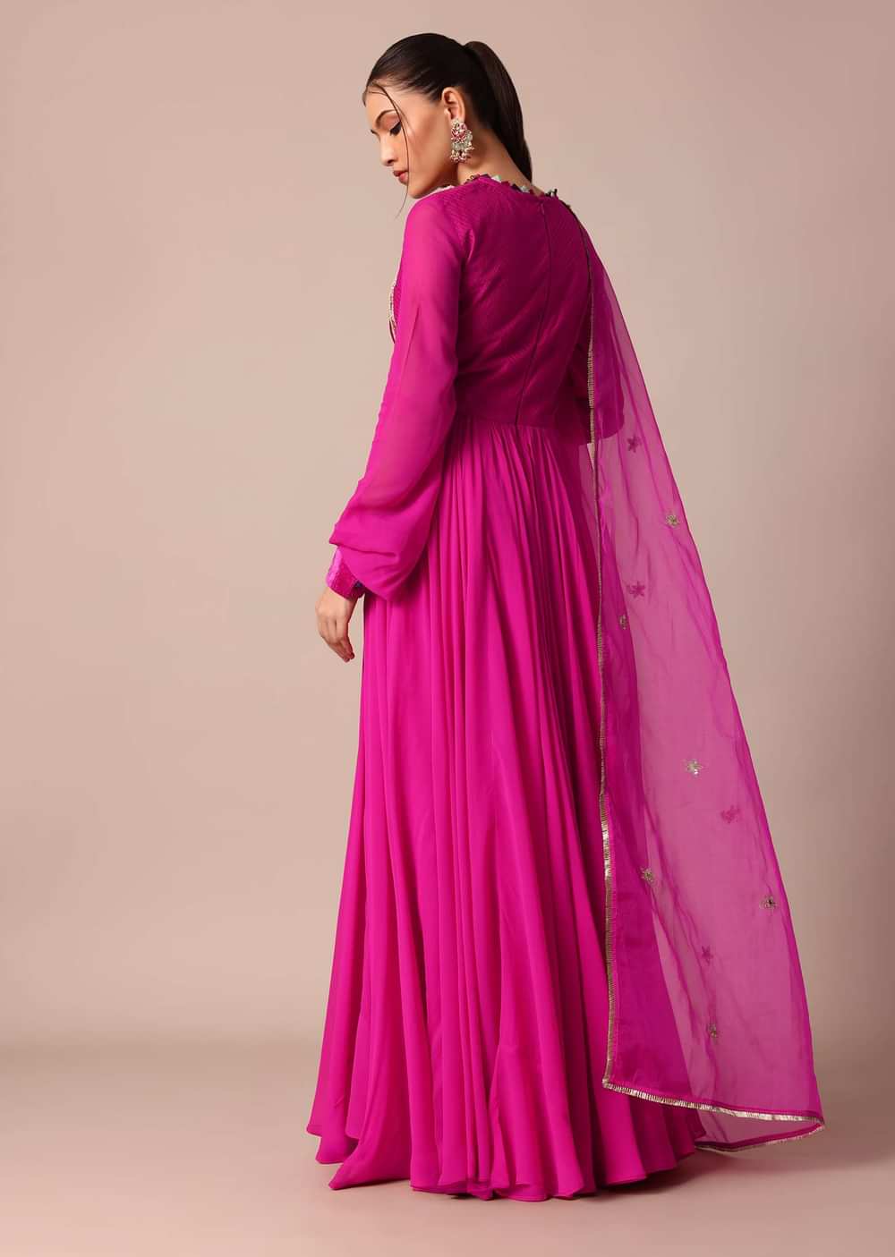 Rosy Pink Embroidered Anarkali With Sheer Organza Dupatta