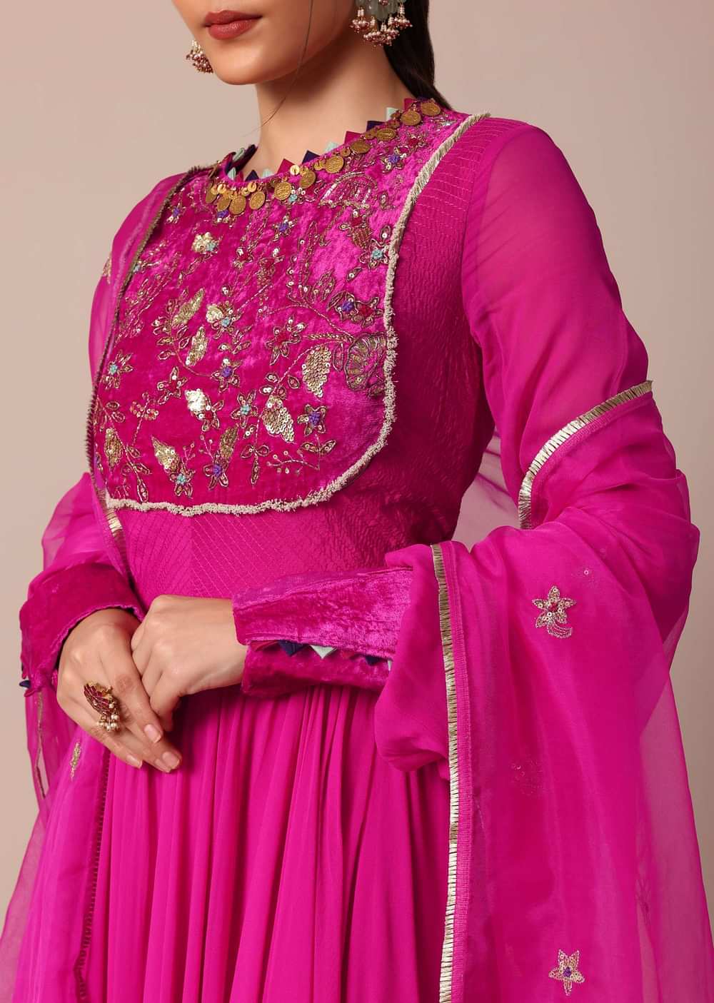 Rosy Pink Embroidered Anarkali With Sheer Organza Dupatta