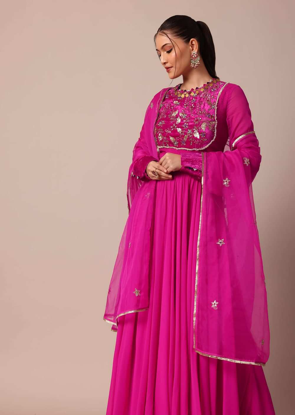 Rosy Pink Embroidered Anarkali With Sheer Organza Dupatta