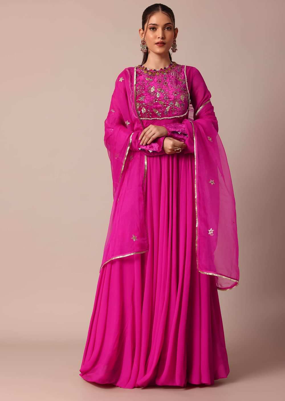 Rosy Pink Embroidered Anarkali With Sheer Organza Dupatta