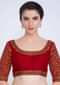Red Blouse In Raw Silk With Jaal Embroidered Sleeves And Round Neck