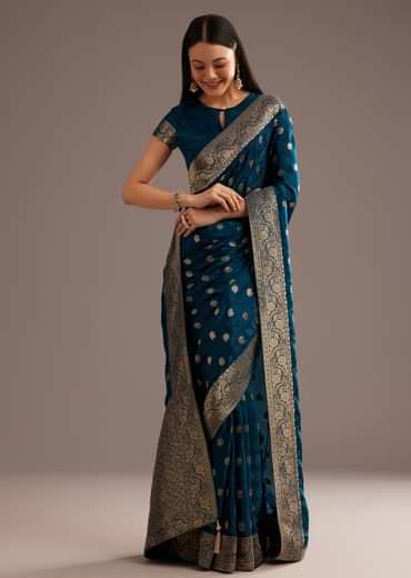 Royal Blue Jaquard Silk Saree With Zari Butti And Brocade Border