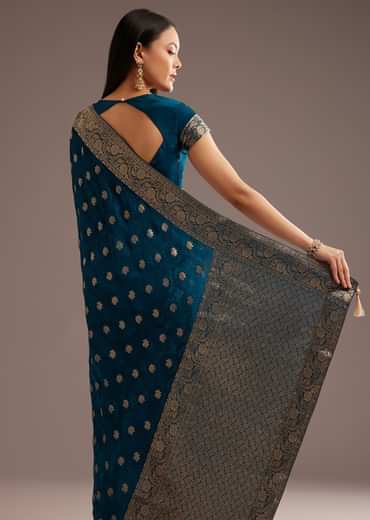Royal Blue Jaquard Silk Saree With Zari Butti And Brocade Border
