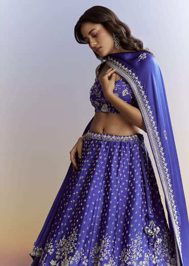 Royal Blue Satin Bridesmaid Lehenga With Heavy Embroidery