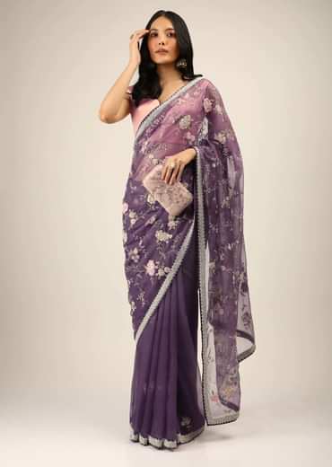 Royal Purple Saree In Organza With Moti, Resham And Cord Embroidered Floral Motifs On The Pallu