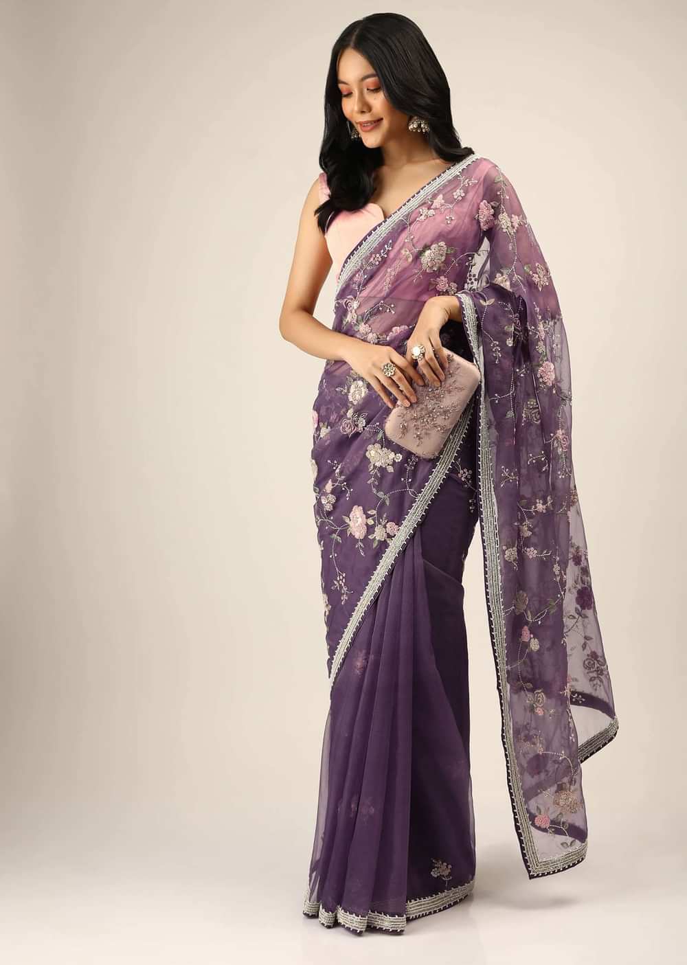 Royal Purple Saree In Organza With Moti, Resham And Cord Embroidered Floral Motifs On The Pallu