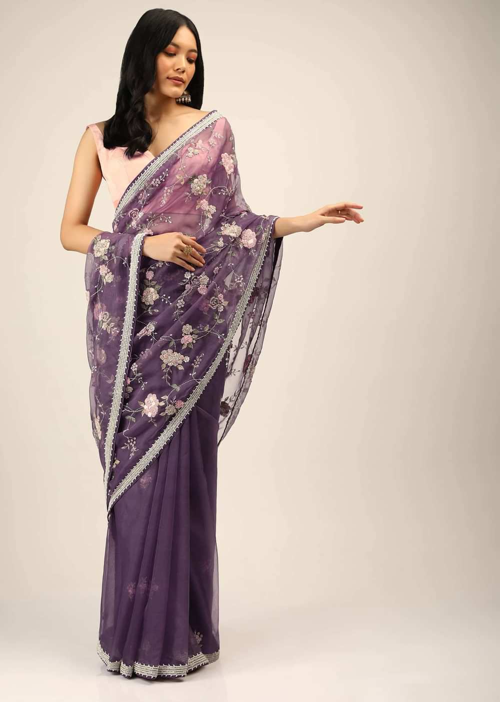 Royal Purple Saree In Organza With Moti, Resham And Cord Embroidered Floral Motifs On The Pallu