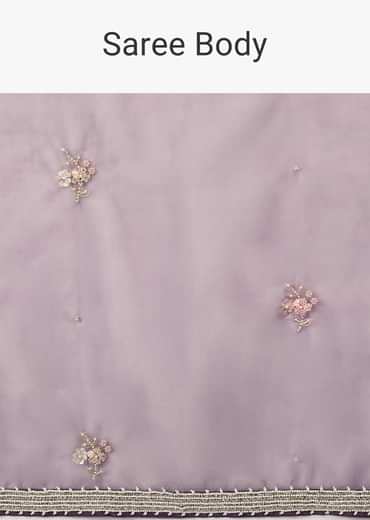 Royal Purple Saree In Organza With Moti, Resham And Cord Embroidered Floral Motifs On The Pallu