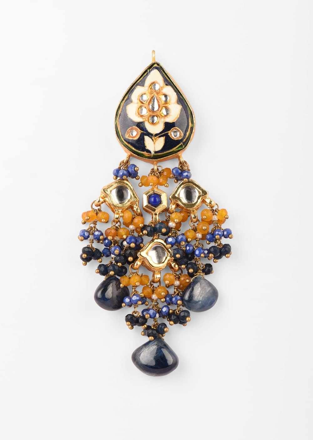 Royal Blue Minakari Jhumkas With Kundan And Bead Fringes In Shades Of Royal Blue And Yellow