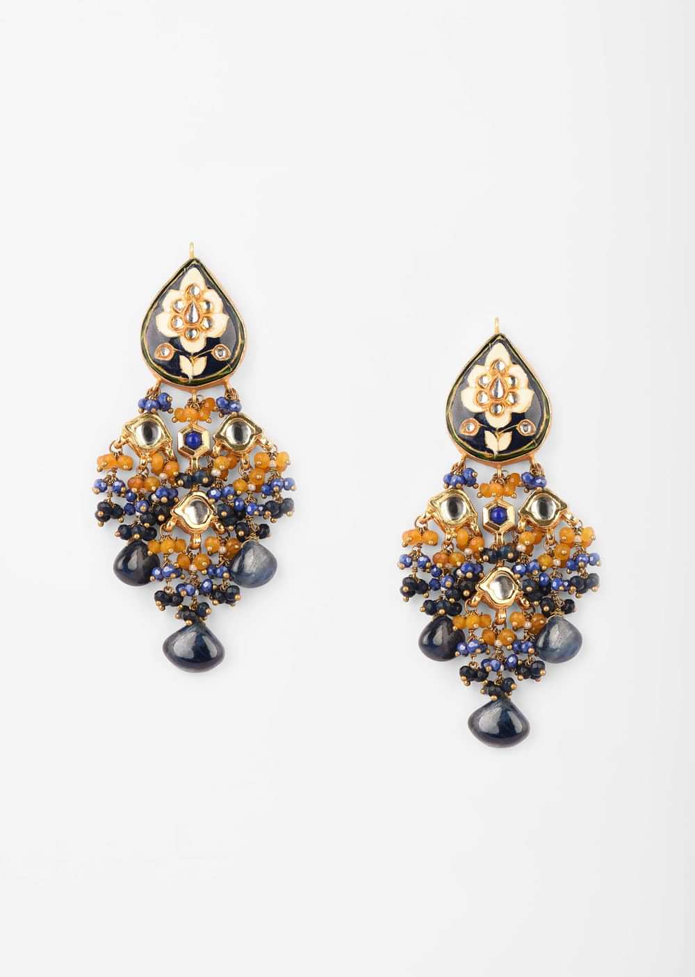 Royal Blue Minakari Jhumkas With Kundan And Bead Fringes In Shades Of Royal Blue And Yellow