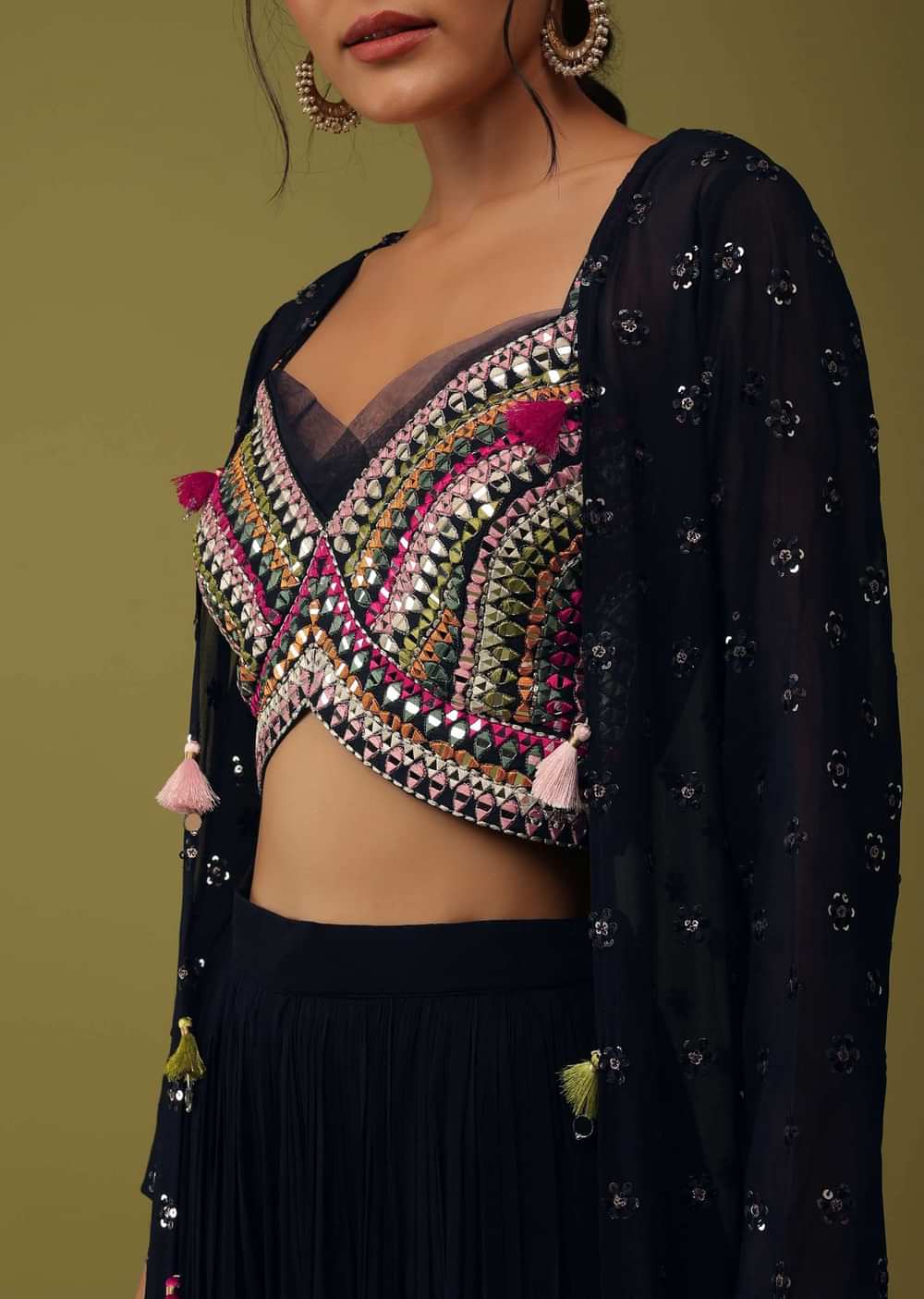 Royal Blue Santoon Crop Top And Palazzo Set With Floral Embroidery