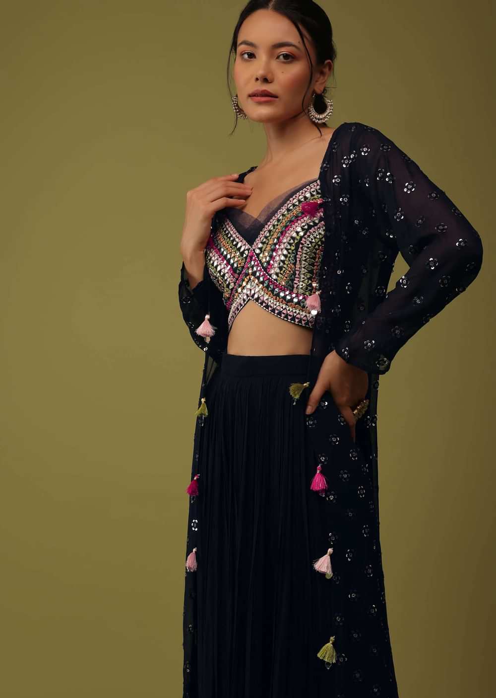 Royal Blue Santoon Crop Top And Palazzo Set With Floral Embroidery
