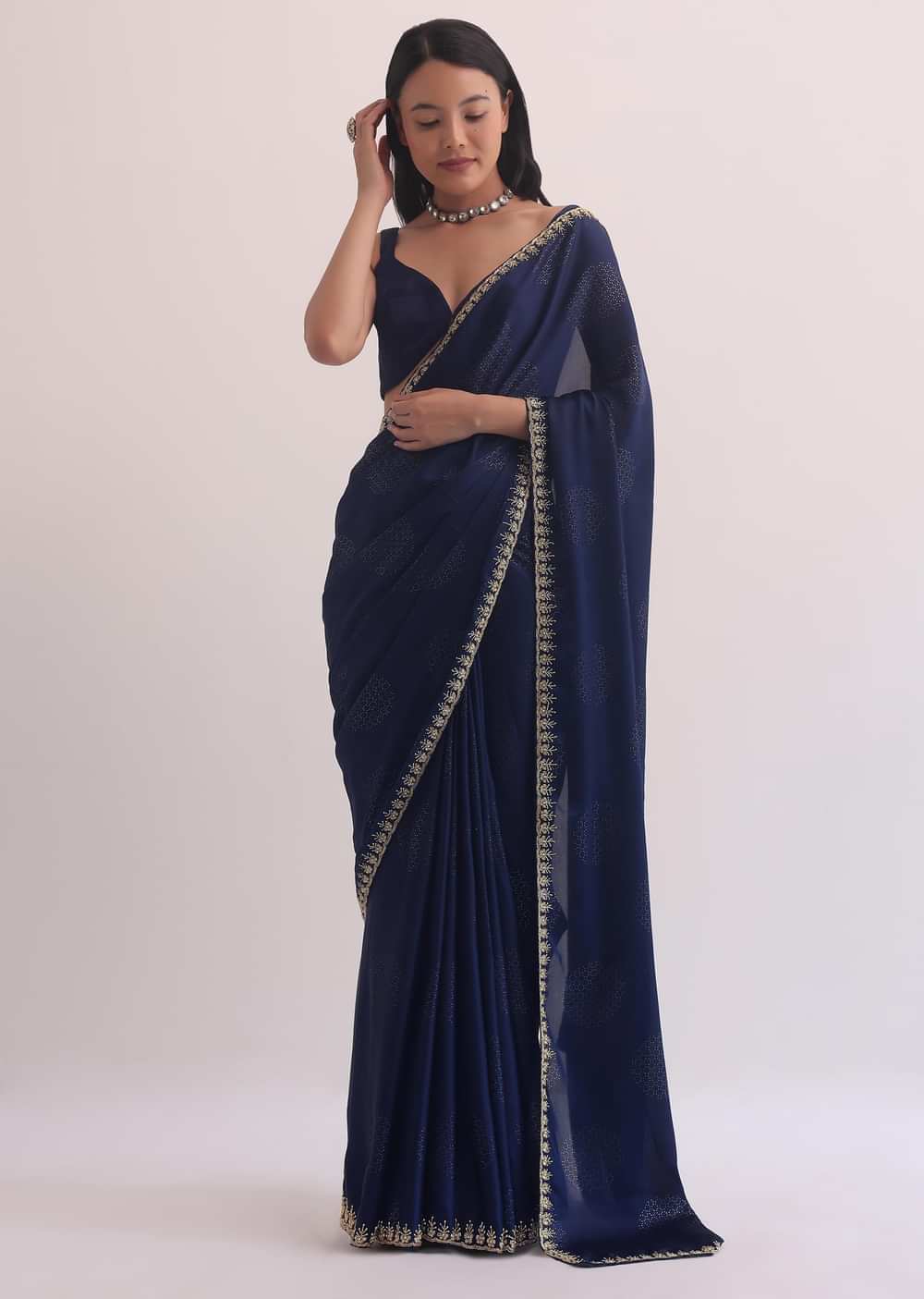 Royal Blue Satin Saree With Cut Dana Embroidery