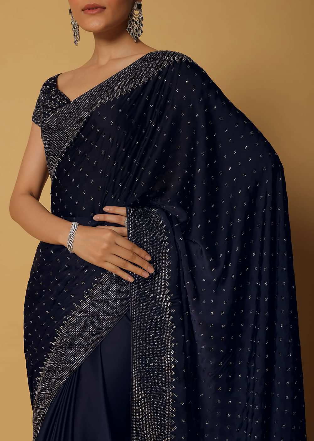 Royal Blue Satin Saree With Swarovski Work And Unstitched Blouse Fabric