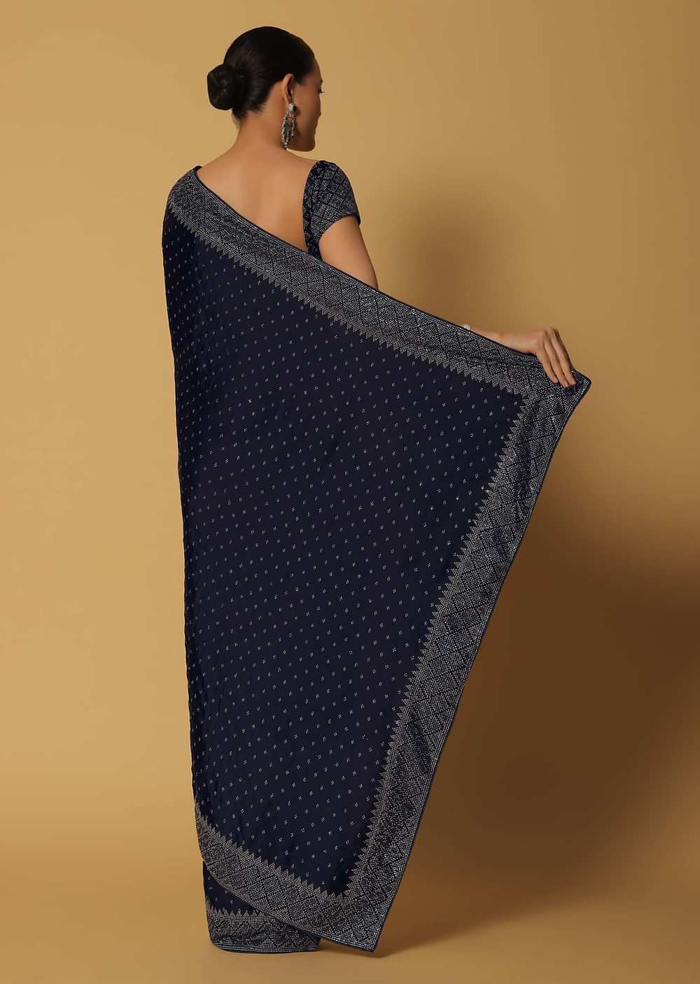 Royal Blue Satin Saree With Swarovski Work And Unstitched Blouse Fabric