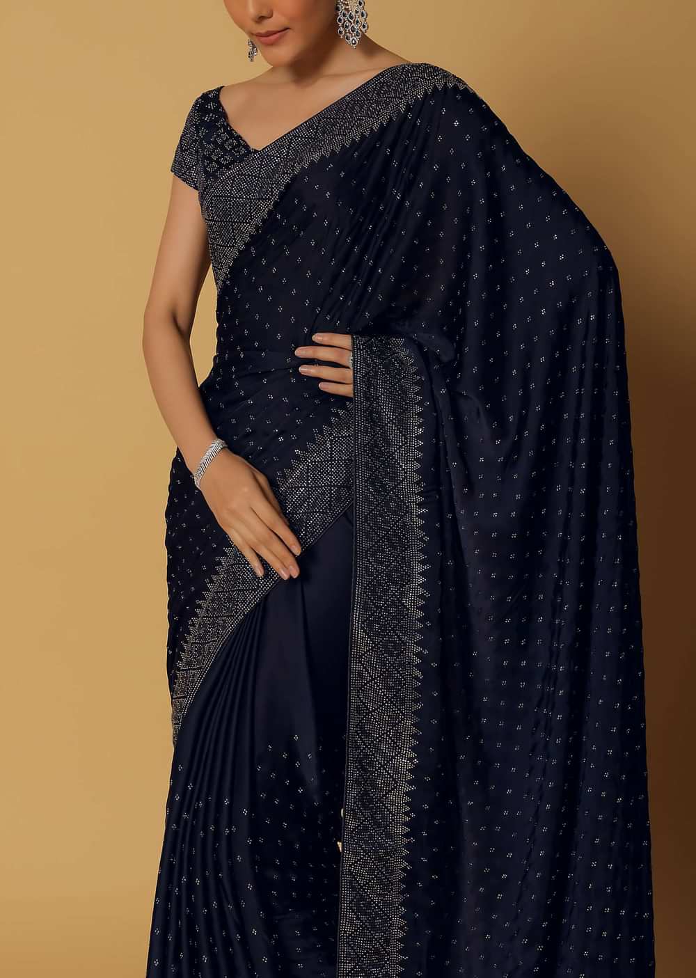 Royal Blue Satin Saree With Swarovski Work And Unstitched Blouse Fabric