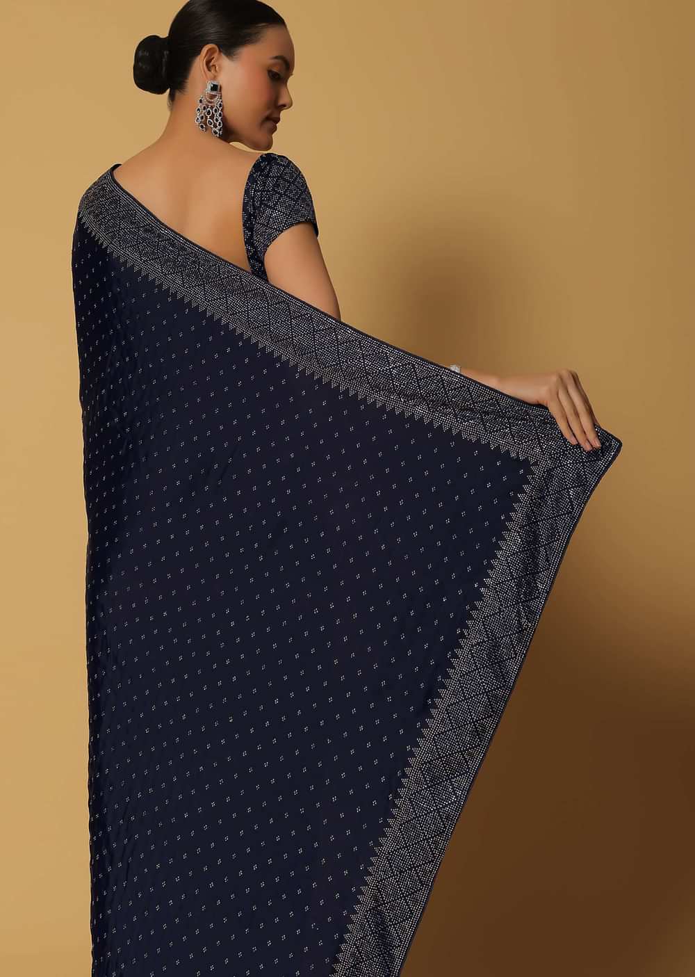 Royal Blue Satin Saree With Swarovski Work And Unstitched Blouse Fabric