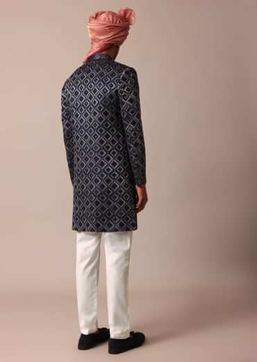 Royal Blue Silk Sherwani With Intricate Neckline Embroidery