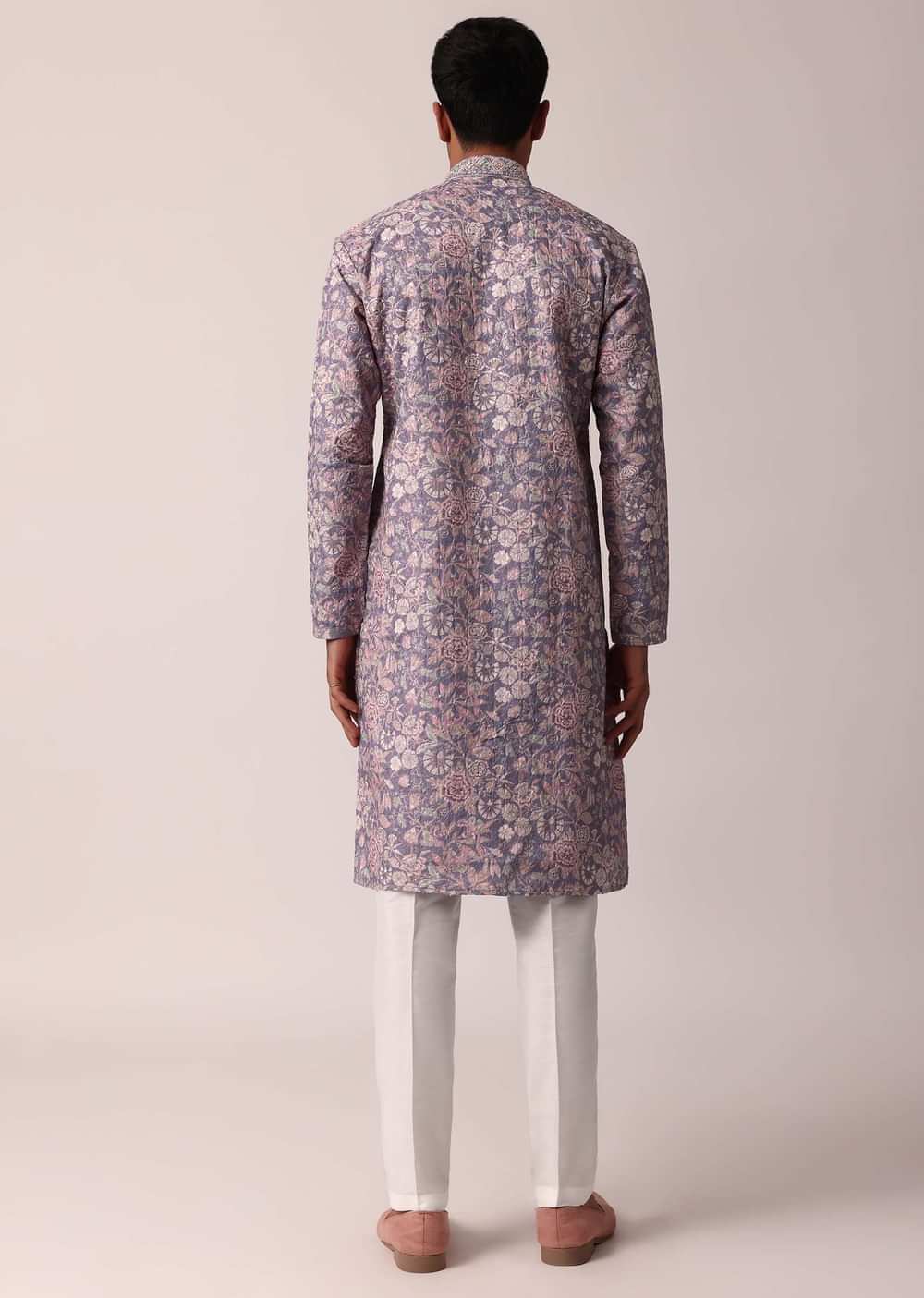Royal Purple Silk Kurta Set With All-Over Print