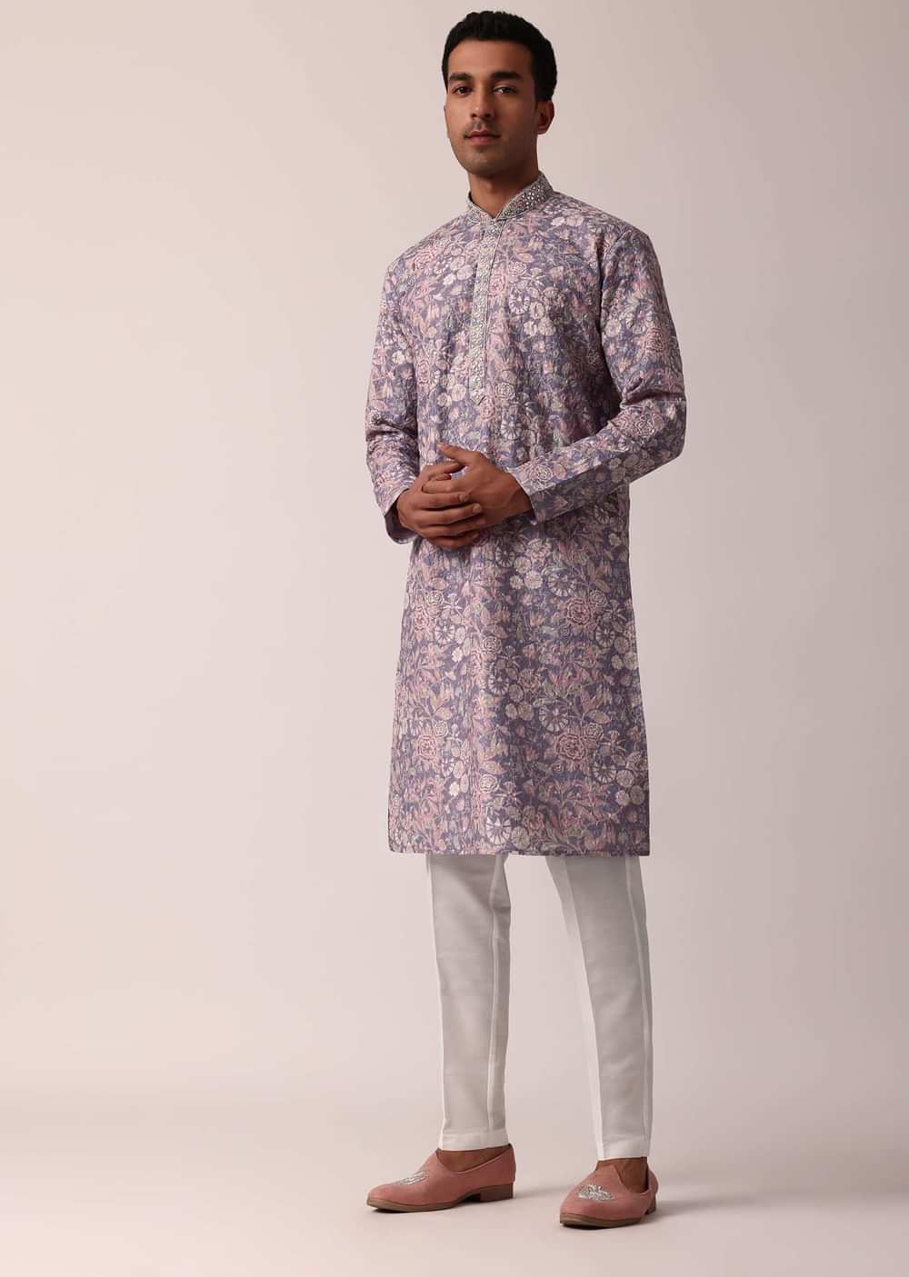 Royal Purple Silk Kurta Set With All-Over Print