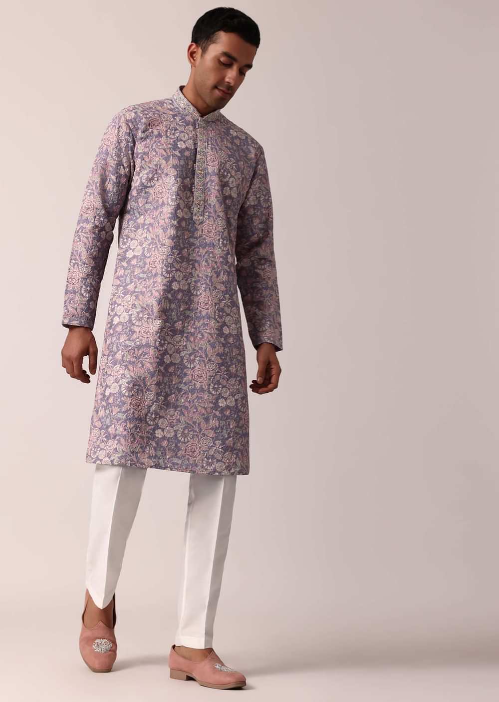 Royal Purple Silk Kurta Set With All-Over Print