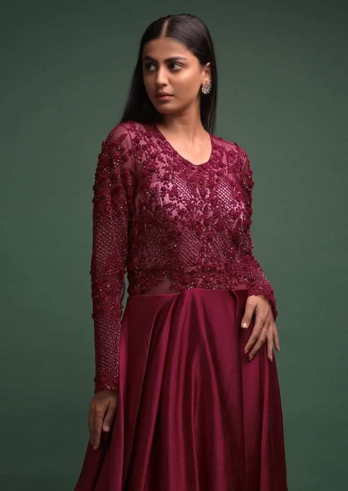 Ruby Red Gown In Milano Satin With Embellished Bodice