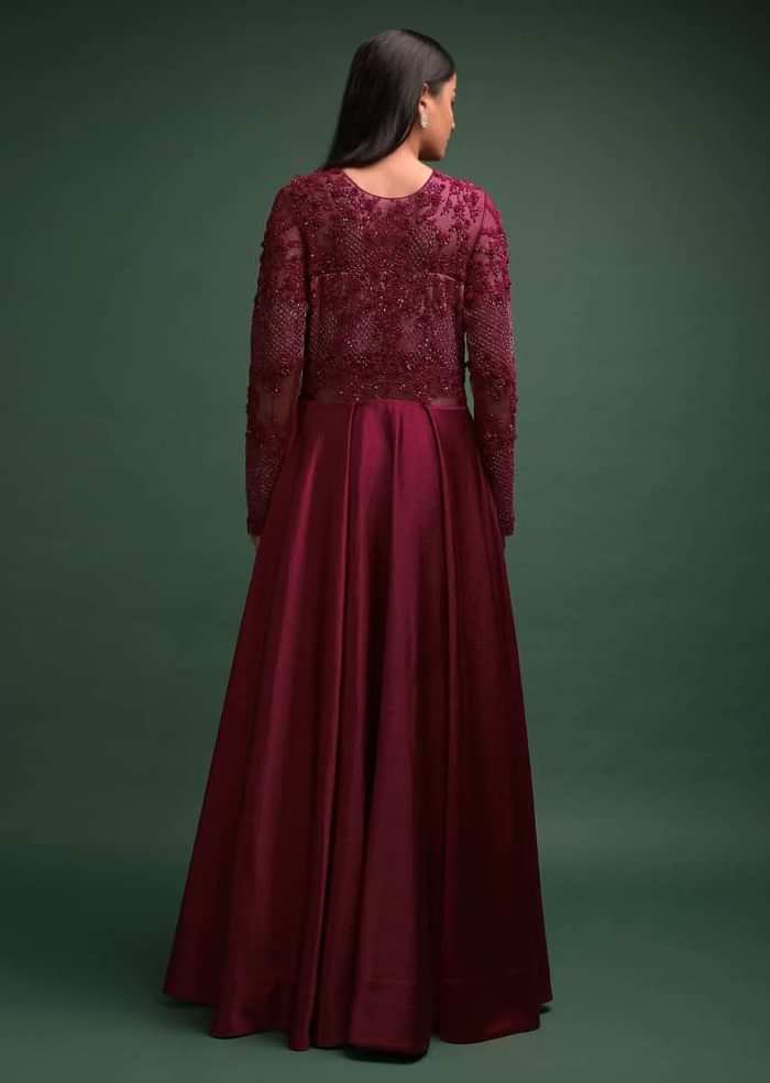 Ruby Red Gown In Milano Satin With Embellished Bodice