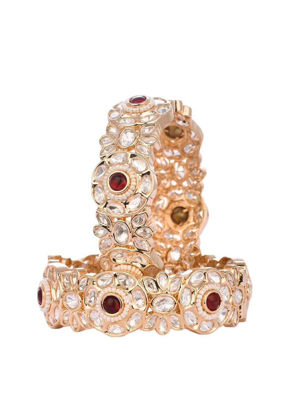Ruby And Rose Gold Handcrafted Kundan Polki Bangles in Mix Metal
