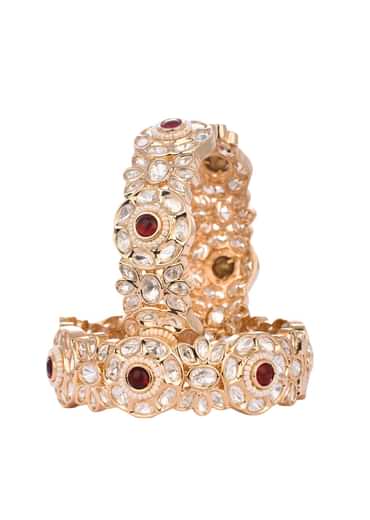 Ruby And Rose Gold Handcrafted Kundan Polki Bangles in Mix Metal