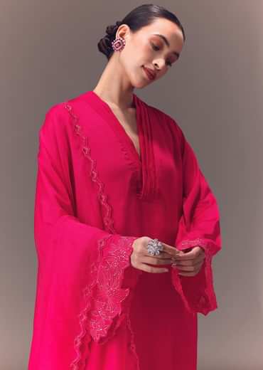 Ruby Pink Organza Kurta Set With Bell Sleeves