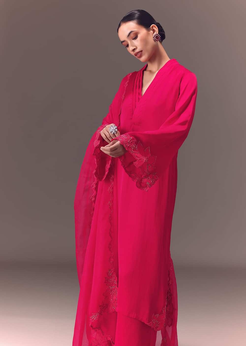 Ruby Pink Organza Kurta Set With Bell Sleeves