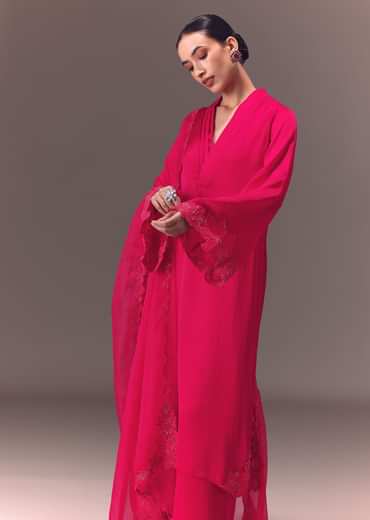 Ruby Pink Organza Kurta Set With Bell Sleeves
