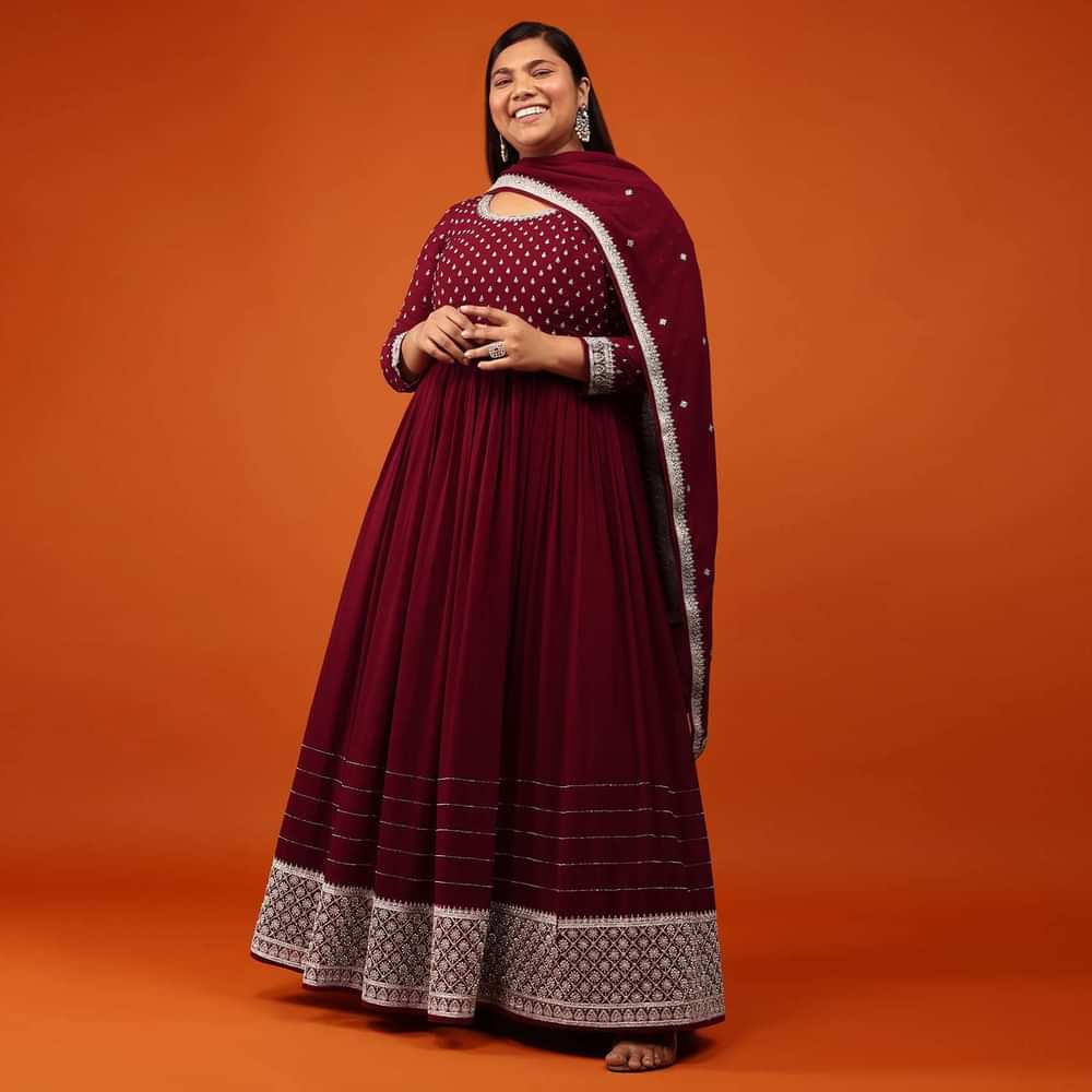 Wine Red Anarkali Suit In Georgette With Alluring Embroidery In Zari And Stone