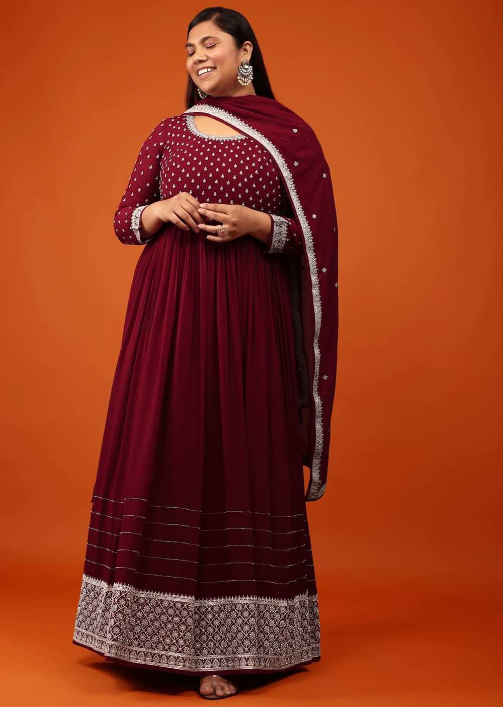 Wine Red Anarkali Suit In Georgette With Alluring Embroidery In Zari And Stone