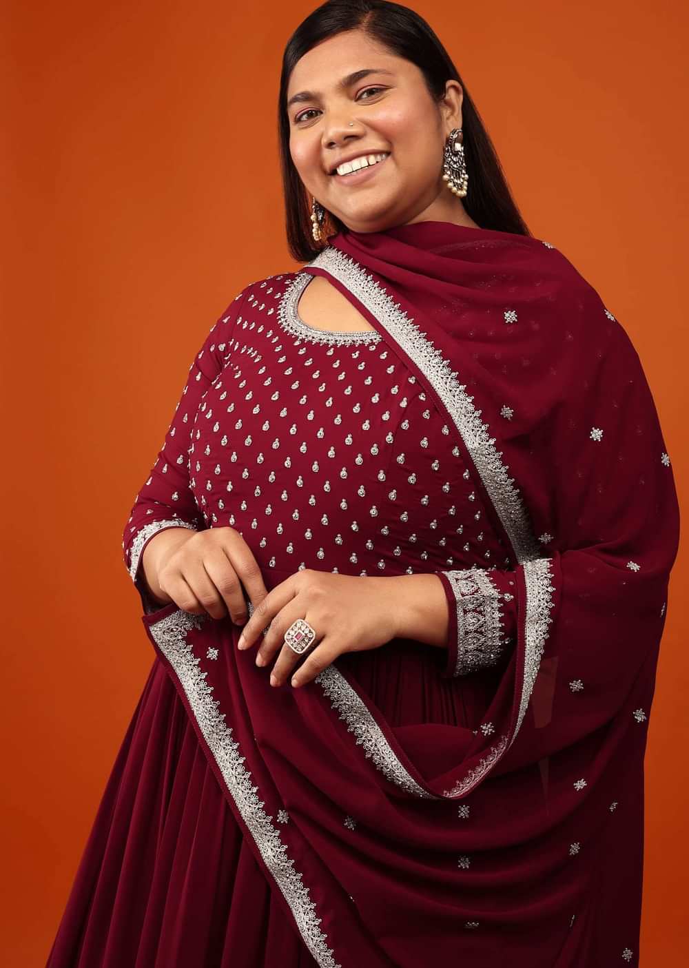 Wine Red Anarkali Suit In Georgette With Alluring Embroidery In Zari And Stone