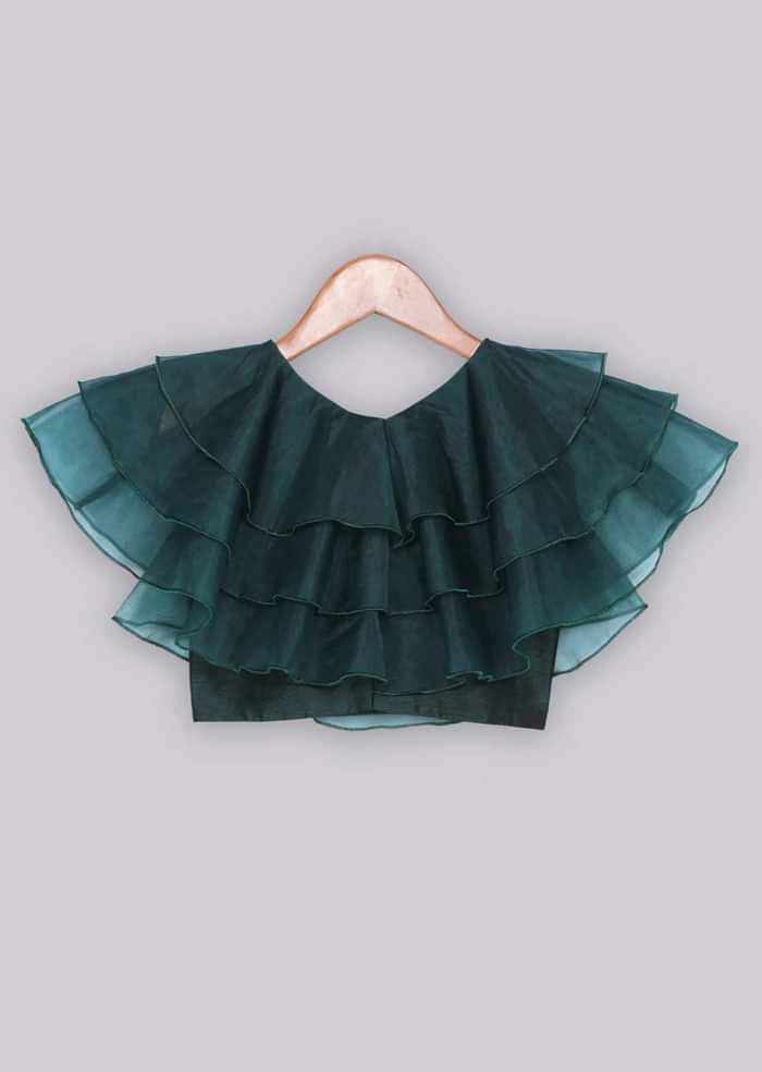 Kalki Girls Ruffle Green Top With Floral Printed Orange Organza Lehenga Online - Free Sparrow