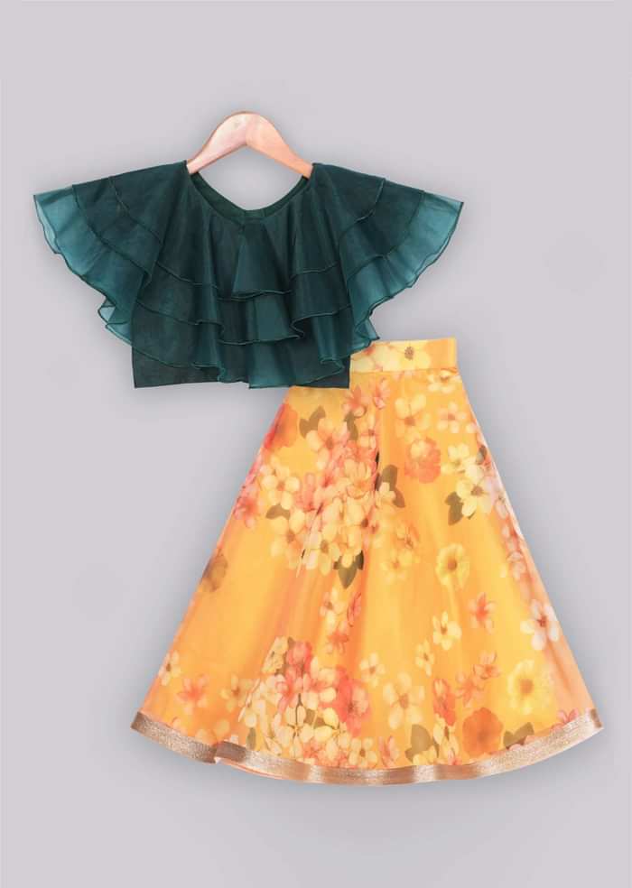 Kalki Girls Ruffle Green Top With Floral Printed Orange Organza Lehenga Online - Free Sparrow