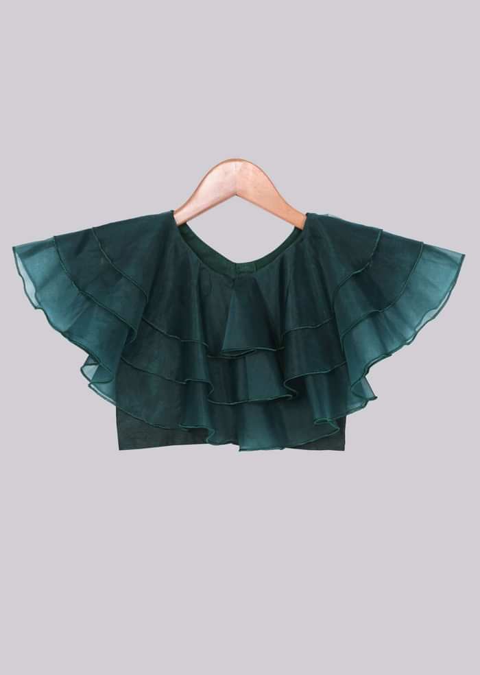 Kalki Girls Ruffle Green Top With Floral Printed Orange Organza Lehenga Online - Free Sparrow
